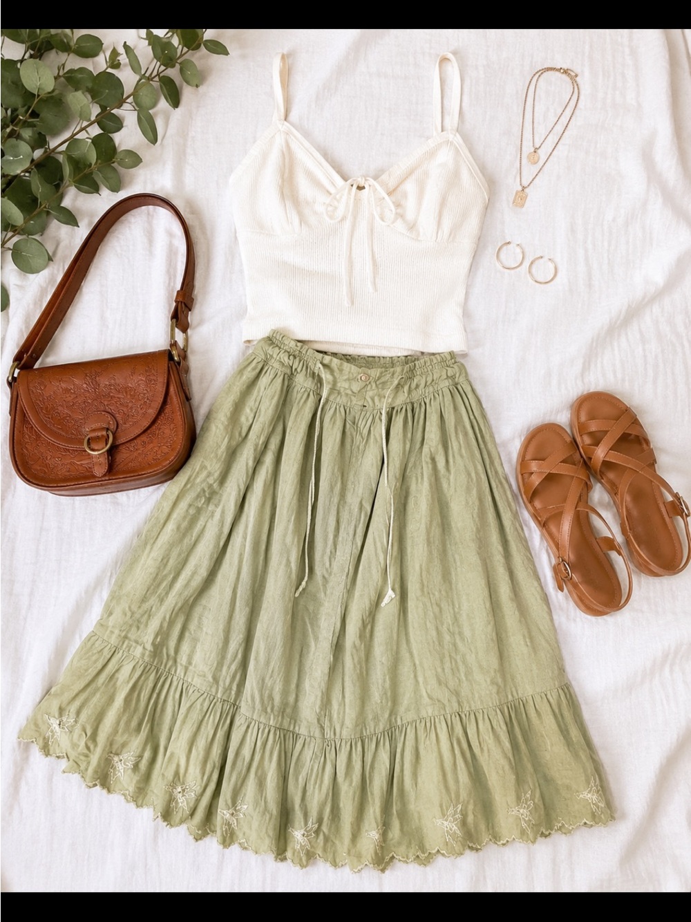 VINTAGE Details Light Olive Tiered Maxi Skirt with Drawstring Waist